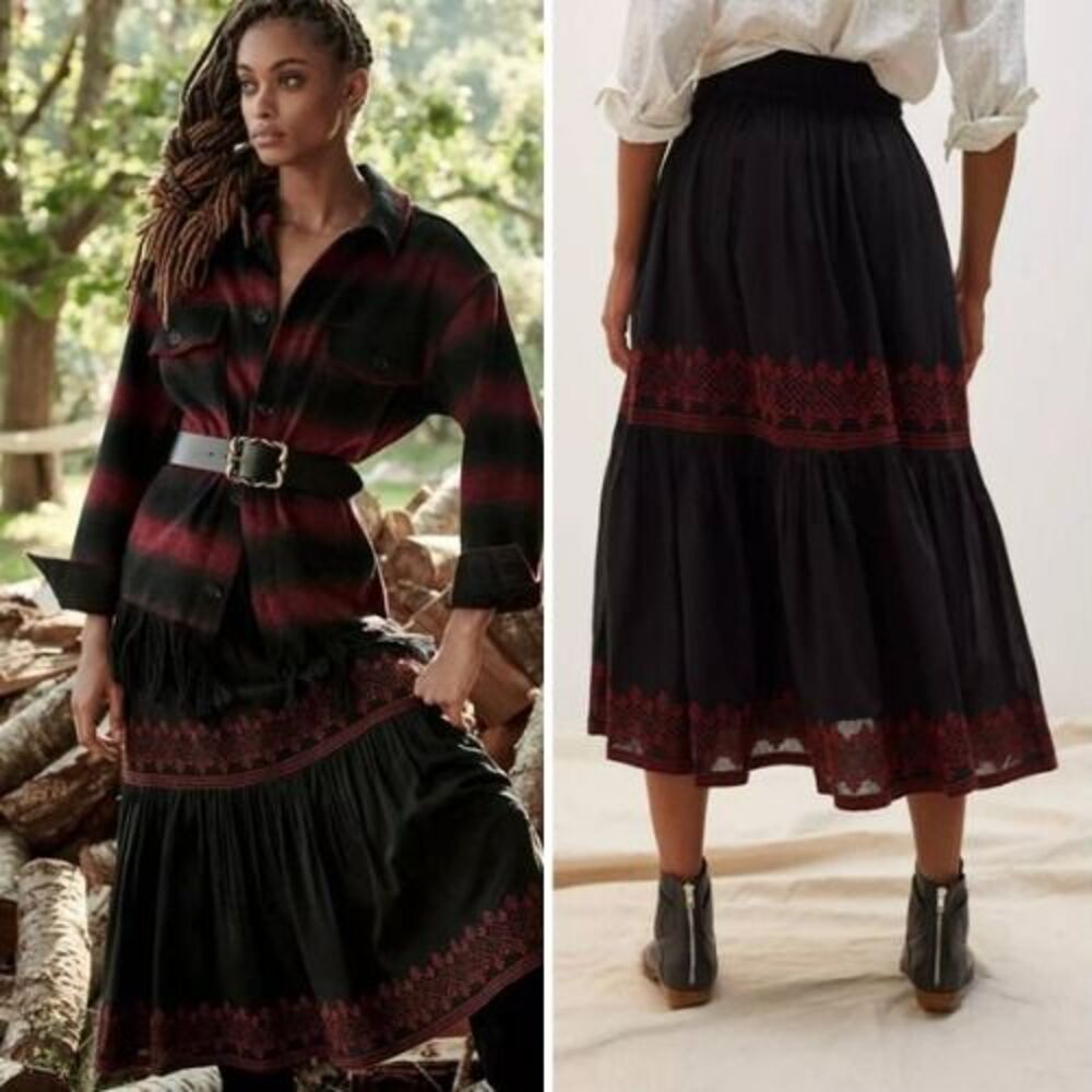 NWT Anthropologie x Let Me Be Embroidered Tiered Midi Skirt | S